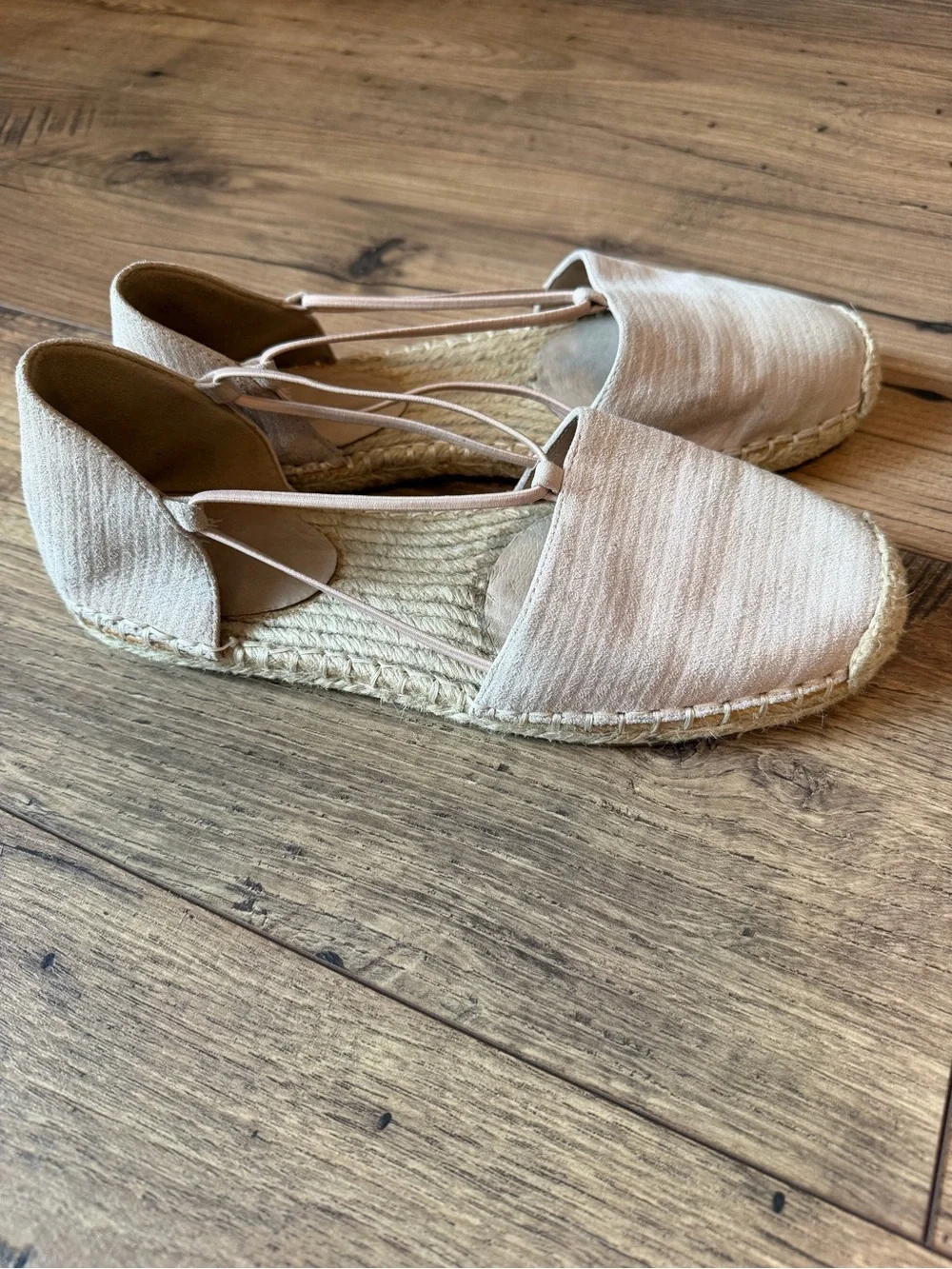 Eileen Fisher Blush Nude Suede Metallic stripe Espadrille Flats 7 strappy ballet